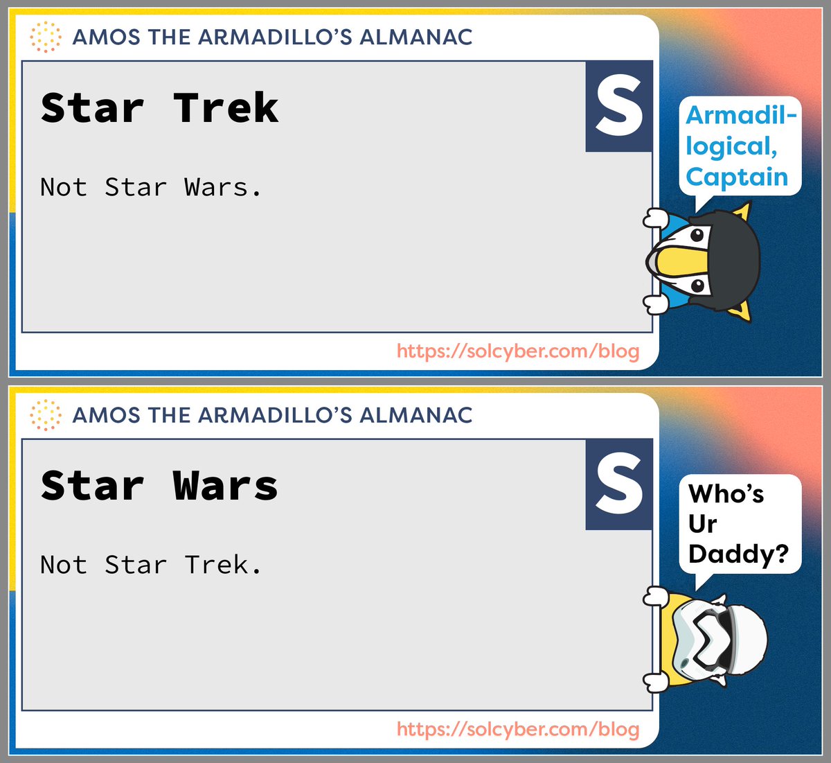 duckblog's tweet image. 𝗔𝗺𝗼𝘀'𝘀 𝗔𝗹𝗺𝗮𝗻𝗮𝗰: Armadillian diplomacy brings neutrality to a troublesome techie fandom loyalty dilemma!

Awesome articles and the "Tales From The SOC" podcast on the ☀@SolCyberMSS blog:
solcyber.com/blog
#AtAA #AmosAlmanac