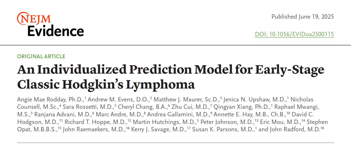 🚨🚨We are pleased to publish the next output via the HoLISTIC consortium (Hodgkin Lymphoma
International STudy for Individual Care: hodgkinconsortium.com):

The E-HIPI (Early-Stage Hodgkin International Prognostic Index) prediction model for early-stage Hodgkin lymphoma. 1/9🧵