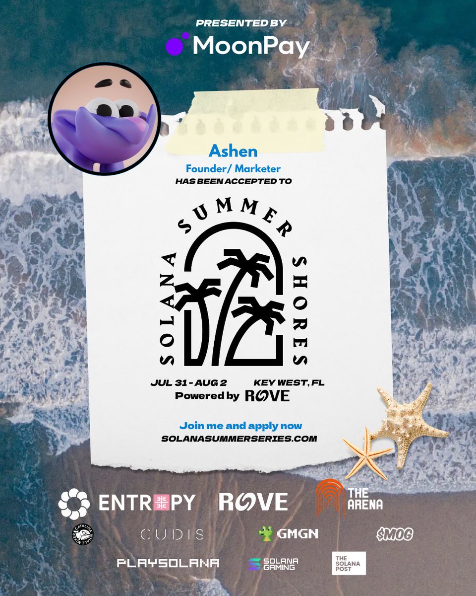 🎉 Congrats <a href="/solashenone/">ashen</a> — you’re in!

Your application to attend Solana Summer Shores (July 31–Aug 2) in Key West, FL has been accepted! 🌴🔥

Presented by <a href="/moonpay/">MoonPay 🟣</a>, this is your invite to one of the most curated builder events of the year.

Check your Telegram now for next
