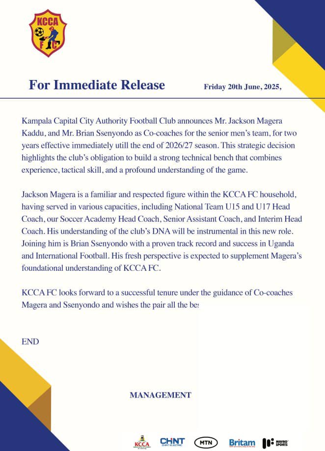 kccafcfan's tweet photo. 🚨 Official Update from KCCA FC 🚨
KCCA FC has issued an immediate press release announcing the appointment of a new coaching duo for the senior team. Big moves ahead! 💛💙
#KCCAFC #PressRelease #NewEra #FootballUpdates https://t.co/LVSI3MI7zK