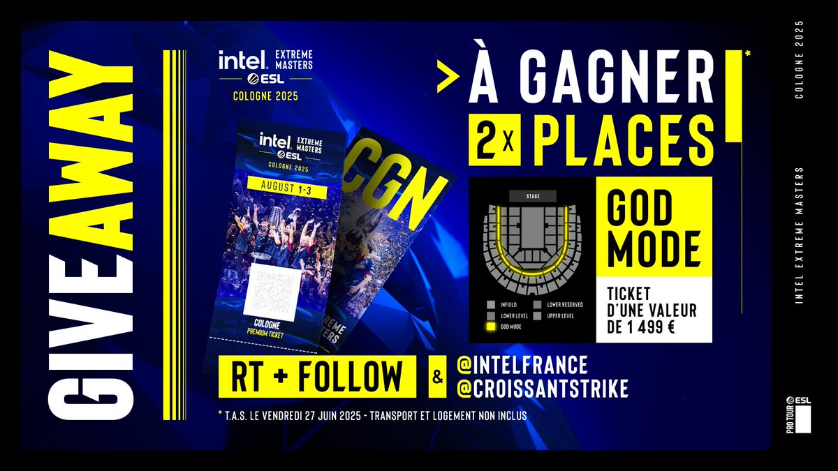 Croissant Strike (@croissantstrike) on Twitter photo 🎁 Counter-Strike est le meilleur jeu esport, et les #IEM 🇩🇪 Cologne l’illustrent parfaitement.
Avec Intel 🇫🇷, on vous fait gagner 2 places GOD MODE. 🎟️🎟️
🔁 RT
👤 Suivre <a href="/IntelFrance/">Intel France</a> & <a href="/CroissantStrike/">Croissant Strike</a>
🗨️ Tag ton +1 en comm
📅 Tirage le 27/06
#CollaborationCommerciale 🎁 Counter-Strike est le meilleur jeu esport, et les #IEM 🇩🇪 Cologne l’illustrent parfaitement.
Avec Intel 🇫🇷, on vous fait gagner 2 places GOD MODE. 🎟️🎟️
🔁 RT
👤 Suivre <a href="/IntelFrance/">Intel France</a> & <a href="/CroissantStrike/">Croissant Strike</a>
🗨️ Tag ton +1 en comm
📅 Tirage le 27/06
#CollaborationCommerciale