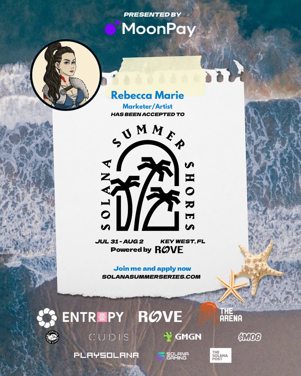 🎉 Congrats <a href="/Rbca_Marie/">🅁🄱🄲🄰🄼🄰🅁🄸🄴.🅂🄾🄻</a> — you’re in!

Your application to attend Solana Summer Shores (July 31–Aug 2) in Key West, FL has been accepted! 🌴🔥

Presented by <a href="/moonpay/">MoonPay 🟣</a>, this is your invite to one of the most curated builder events of the year.

Check your Telegram now for next steps