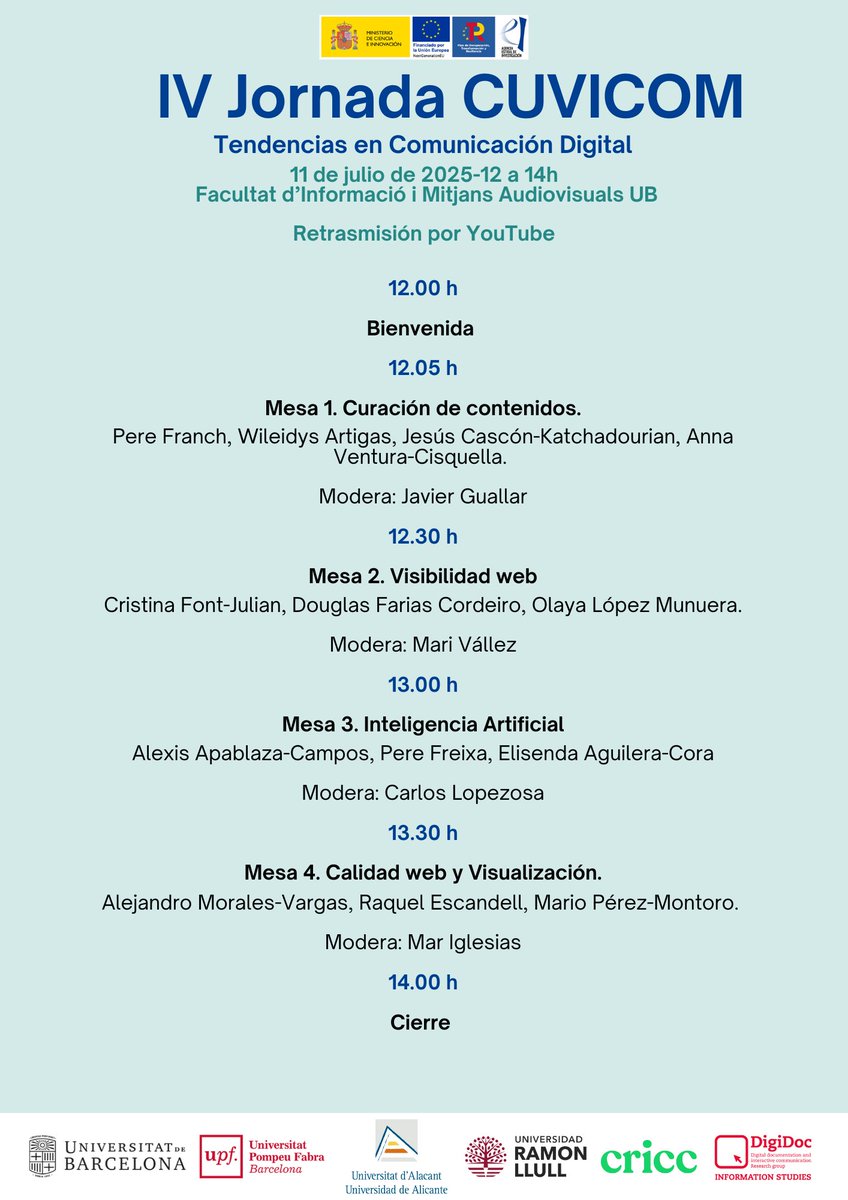 📢Disponible el programa de la IV Jornada CUVICOM "Tendencias en Comunicación Digital"

Una oportunidad para compartir experiencias en comunicación digital.

🗓️11/07
🕐 12-14 h 
📍Facultad de Información y Medios Audiovisuales 
➕Info: bit.ly/43Tzujc