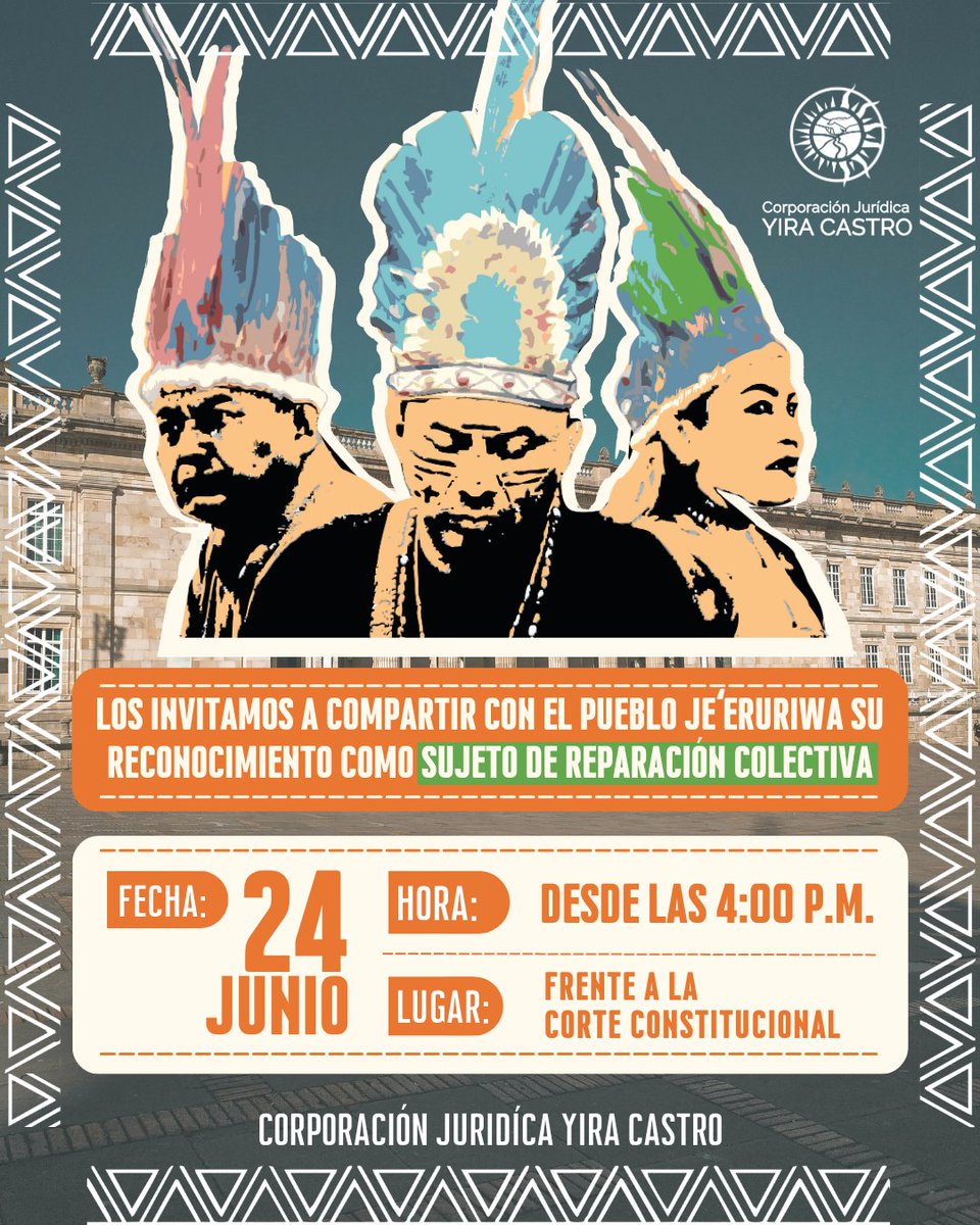 cjyiracastro's tweet image. 🎉 ¡Un logro histórico!
La Corte Constitucional reconoció al pueblo Je’eruriwa como sujeto de reparación colectiva mediante la Sentencia T-185 de 2025.
📍 Este martes 24 de junio
🕓 4:00 p.m.
📌 Frente a la Corte Constitucional
¡Acompáñanos!