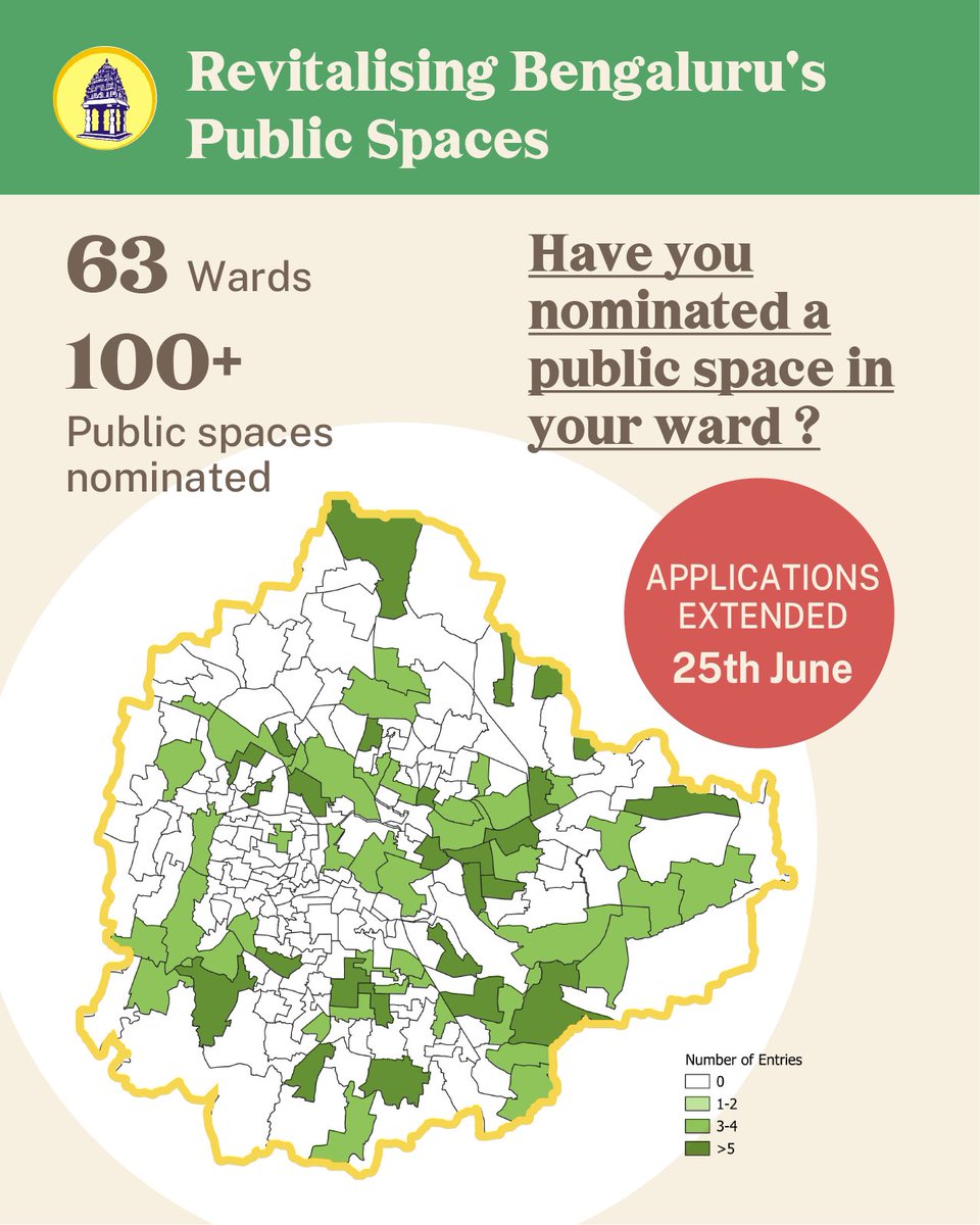 SensingLocal's tweet image. Over a 100 public spaces have been nominated along the streets of the city across 63 wards for BBMP’s initiative - ‘Revitalising Bengaluru’s Public Spaces’

Is there one from your ward?
Submit your nomination. Deadline extended to June 25th - blrpublicspace-revival.in