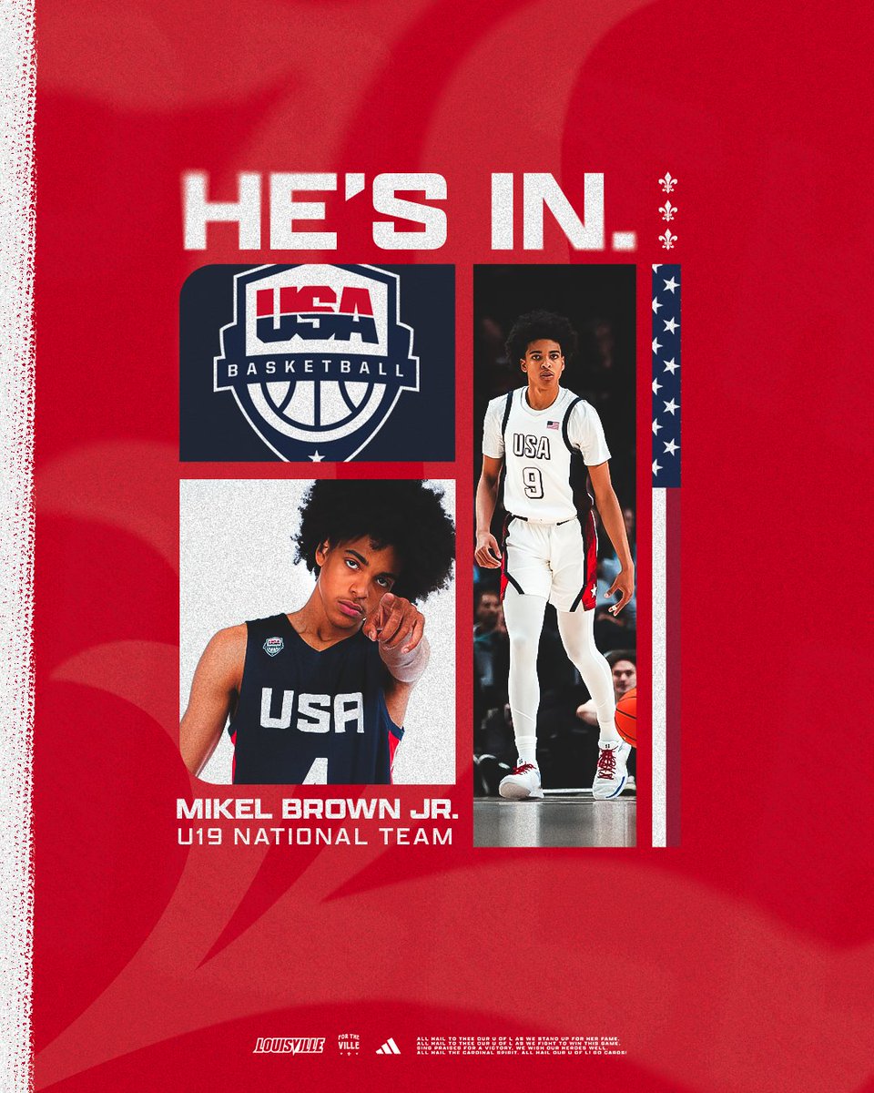 Louisville Men's Basketball (@louisvillembb) on Twitter photo He's In.
<a href="/MikelBrownJr1/">Mikel Brown Jr</a> makes the <a href="/usabasketball/">USA Basketball</a> U19 National Team and is headed to Switzerland next week for the FIBA U19 World Cup 🇺🇸
Details: uofl.me/3GcRFqK
#GoCards He's In.
<a href="/MikelBrownJr1/">Mikel Brown Jr</a> makes the <a href="/usabasketball/">USA Basketball</a> U19 National Team and is headed to Switzerland next week for the FIBA U19 World Cup 🇺🇸
Details: uofl.me/3GcRFqK
#GoCards