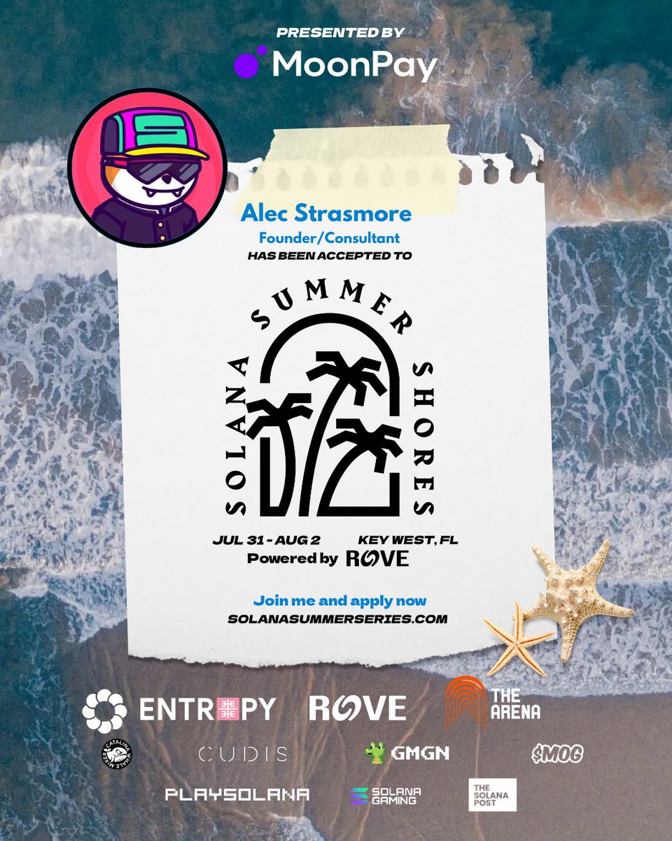 🎉 Congrats <a href="/strasvision/">alec</a> — you’re in!

Your application to attend Solana Summer Shores (July 31–Aug 2) in Key West, FL has been accepted! 🌴🔥

Presented by <a href="/moonpay/">MoonPay 🟣</a>, this is your invite to one of the most curated builder events of the year.

Check your Telegram now for next