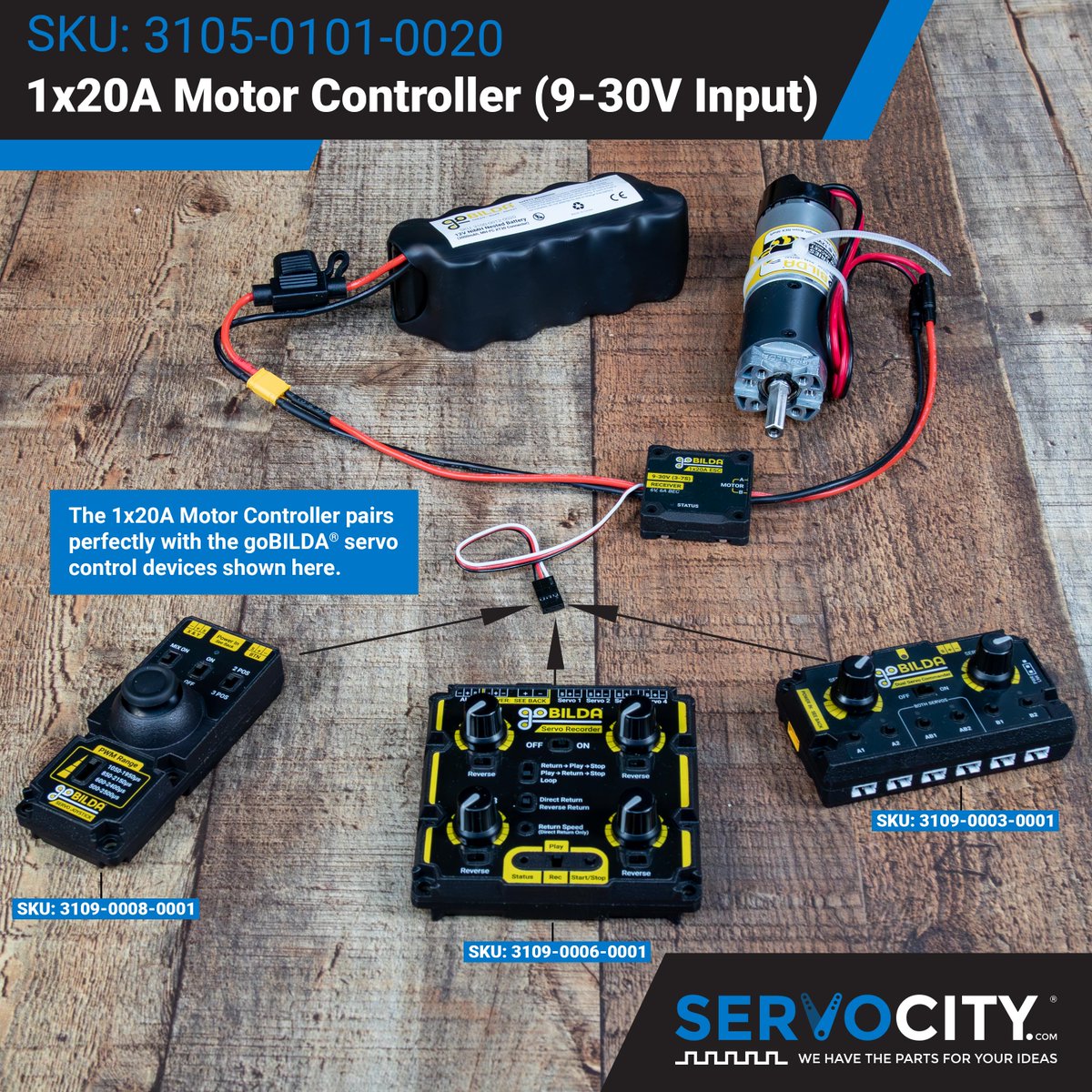 The 1x20A Motor Controller pairs perfectly with the goBILDA® servo controllers shown here! Each device provides versatile options for the operation of your motor.
servocity.com/1x20a-motor-co…