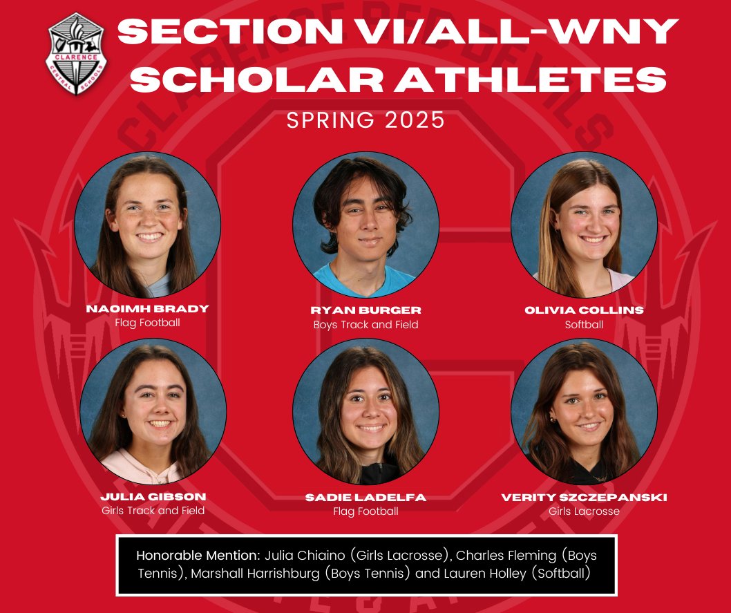 Clarence Central School District (@clarencecsd) on Twitter photo Congratulations to our <a href="/ClarAthletics/">Clarence PE, Health & Athletics</a> Section VI/All-WNY Scholar Athletes and honorable mention recipients for the Spring 2025 season! #ClarenceProud <a href="/CHS_Devils/">CHS Red Devils</a> Congratulations to our <a href="/ClarAthletics/">Clarence PE, Health & Athletics</a> Section VI/All-WNY Scholar Athletes and honorable mention recipients for the Spring 2025 season! #ClarenceProud <a href="/CHS_Devils/">CHS Red Devils</a>
