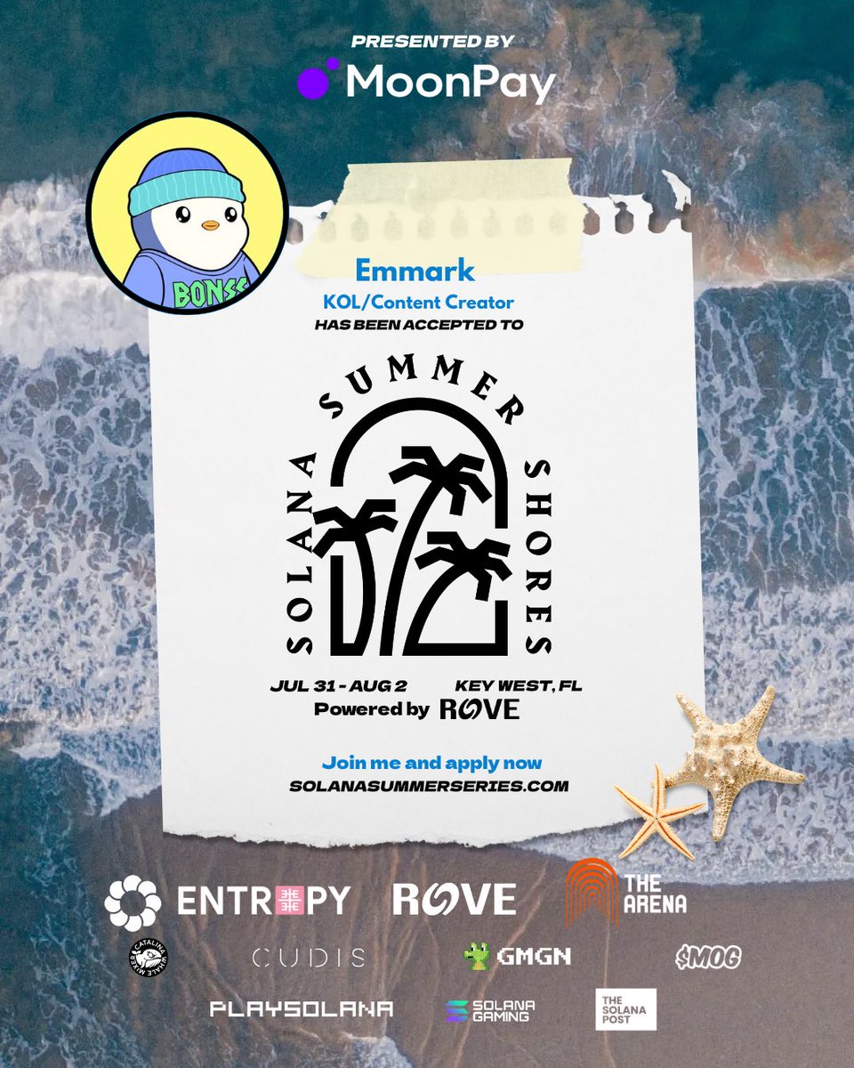 🎉 Congrats <a href="/EmmarkGadgets/">Emmark💫🔺</a> — you’re in!

Your application to attend Solana Summer Shores (July 31–Aug 2) in Key West, FL has been accepted! 🌴🔥

Presented by <a href="/moonpay/">MoonPay 🟣</a>, this is your invite to one of the most curated builder events of the year.

Check your Telegram now for next