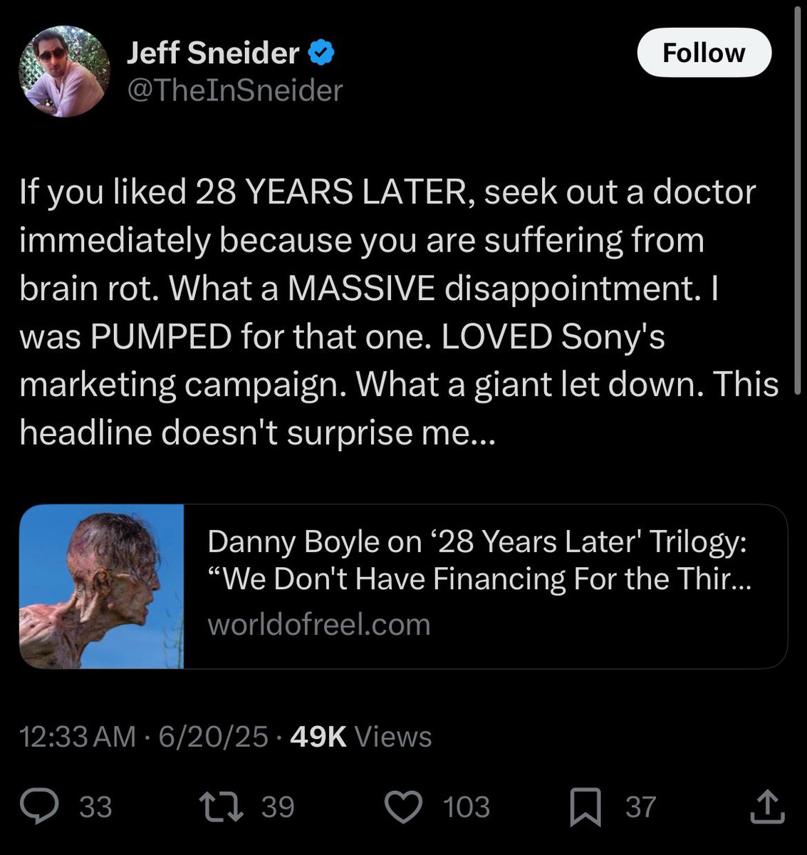 28 YEARS LATER is officially now the most excited I’ve ever been to see a movie, ever. Seeing it this weekend, and I hope to report evidence of brain rot.