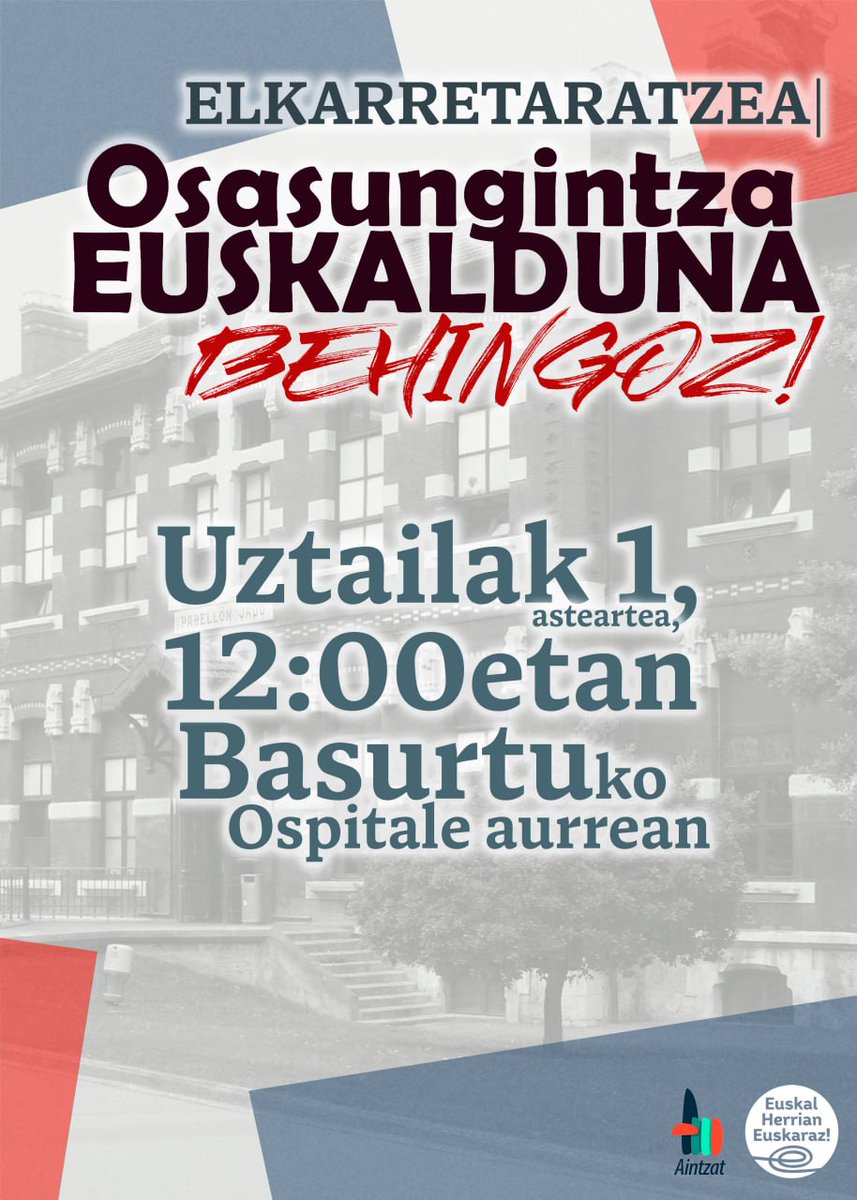 Datorren uztailaren 1ean kalitatezko osasun sistemaren alde elkarretaratuko gara

Izan ere, eskubide izatetik haratago, osasungitza euskalduntzea ezinbesteko urratsa da sistemaren kalitatea bermatu ahal izateko.

🫵Zu ere bertaratuko zarelakoan!

#Osasungitza Euskalduna Behingoz!