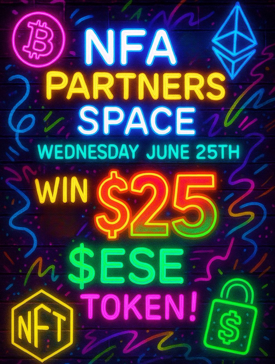 🎙️NFA x Nifty’s World &amp; PARTNERS📣
🗓️6.25.25 @ 4pm PST

🎁 $25 in $ESE token giveaway
TO WIN: 

♻️REPOST &amp; TAG 3

FOLLOW
<a href="/NFA_Inc/">Non-Fungible Art Inc</a>
<a href="/NiftysWorld/">NiftysWorld</a>
<a href="/CRYPTOHOMIES_/">CRYPTO HOMIES CLUB</a>
<a href="/oohhwwee/">OOHHWWEE</a>
<a href="/ADigitalWorld_/">A Digital World</a>
<a href="/SidneyRichlin/">Nifty Vicious</a>
<a href="/TheHomieMrGreen/">🔰𝖒𝖗 𝖌𝖗𝖊𝖊𝖓 ✨𝖙𝖍𝖊 𝖍𝖔𝖒𝖎𝖊✨</a>
&amp; ALL ON STAGE

👇JOIN
x.com/i/spaces/1lPJq…