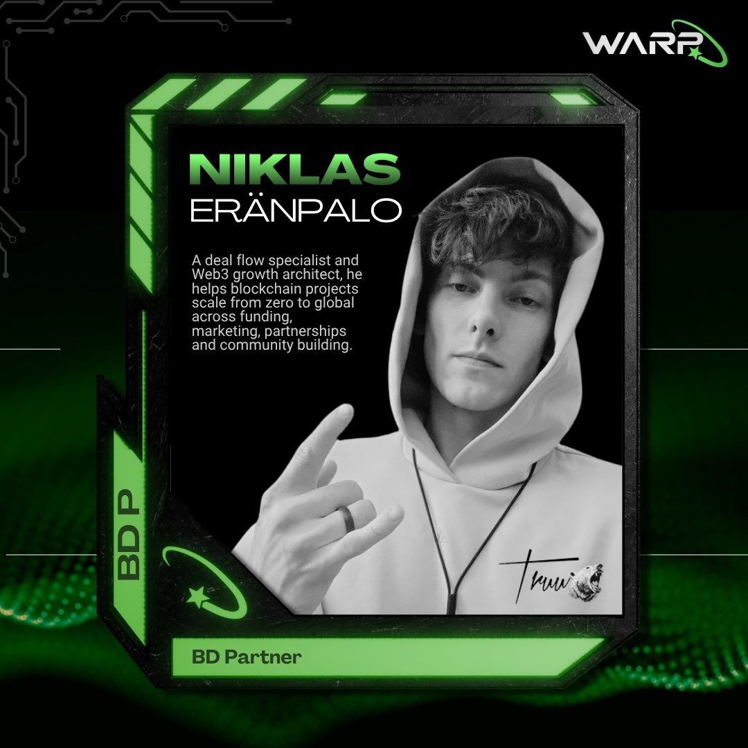 Meet the team 💫

Niklas <a href="/Truunik/">Truu🐻‍❄️</a> Eränpalo is WARP’s Strategic Growth Advisor.

A deal flow specialist and Web3 growth architect, he helps blockchain projects scale from zero to global across funding, marketing, partnerships and community building.

WARP is bold moves, real