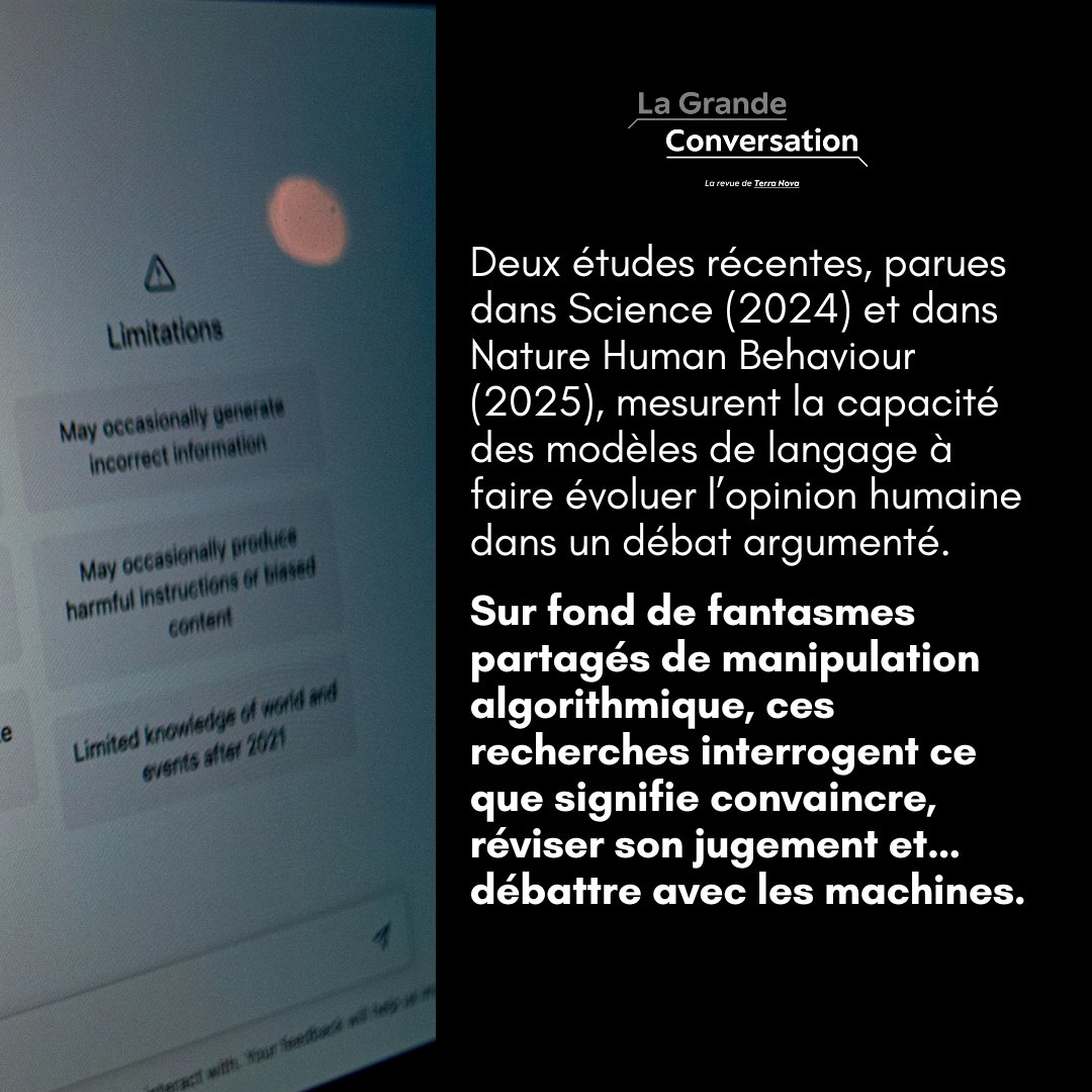 La Grande Conversation (@_laconversation) on Twitter photo 🧠🤖 L’IA ne veut pas vous convaincre. Elle sait comment le faire.
<a href="/melanieheard11/">melanie heard</a> revient sur deux études montrant que ChatGPT possède une capacité de persuasion bien supérieure à celle d'un humain. Quelles conséquences ?
👉 Retrouvez son analyse ici : lagrandeconversation.com/societe/chatgp… 🧠🤖 L’IA ne veut pas vous convaincre. Elle sait comment le faire.
<a href="/melanieheard11/">melanie heard</a> revient sur deux études montrant que ChatGPT possède une capacité de persuasion bien supérieure à celle d'un humain. Quelles conséquences ?
👉 Retrouvez son analyse ici : lagrandeconversation.com/societe/chatgp…