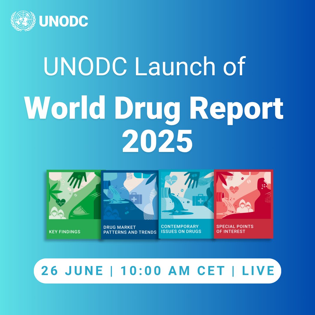 🌍 What’s driving global drug trends — and how are conflict &amp; instability shaping the drug problem?
Join us live for the launch of UNODC’s #WorldDrugReport 2025.
📅 26 June | ⏰ 10:00 CET
📺 bit.ly/WorldDrugRepor…