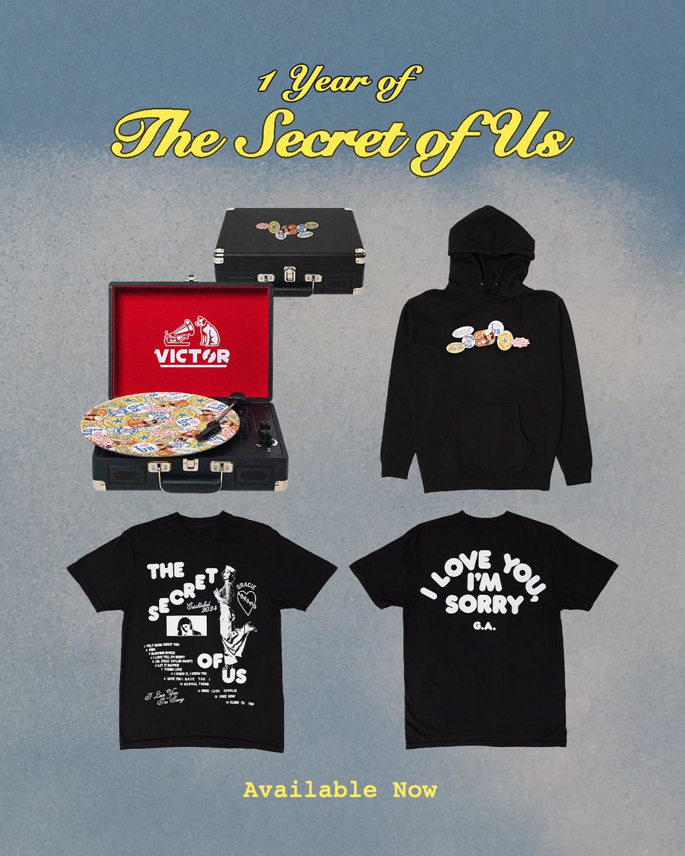 Celebrate 1 year of #TheSecretofUs this weekend and shop new merch on Gracie’s store now !!!! 💛 Featuring a limited-edition record player, hoodie and tee gracieabrams.lnk.to/store