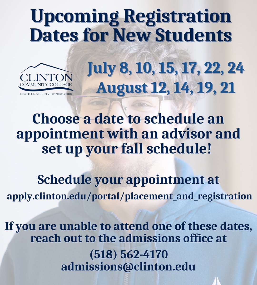 Starting at Clinton Community College this fall? It’s time to plan your schedule!

📅 Choose a registration date and set up an advising appointment at: apply.clinton.edu/portal/placeme…

Let’s get you ready for fall!