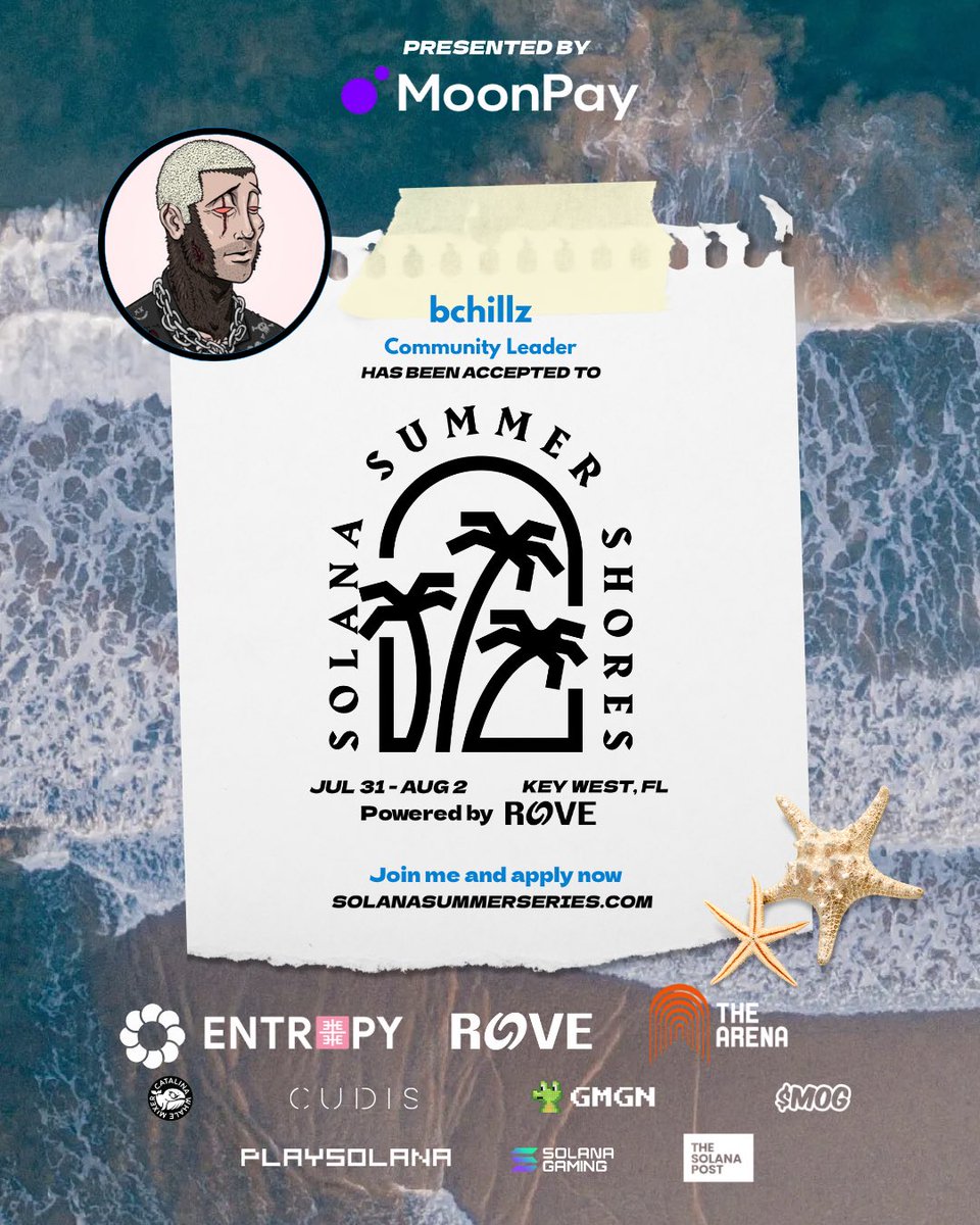 🎉 Congrats <a href="/bchillz42/">bchillz</a> — you’re in!

Your application to attend Solana Summer Shores (July 31–Aug 2) in Key West, FL has been accepted! 🌴🔥

Presented by <a href="/moonpay/">MoonPay 🟣</a>, this is your invite to one of the most curated builder events of the year.

Check your Telegram now for next steps