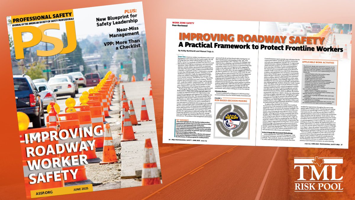TML_RiskPool's tweet image. The TML Risk Pool Loss Prevention staff’s “Improving Roadway Safety” article was recently published by American Society of Safety Professionals in the Professional Safety Journal. ⚠️👏Check it out to learn more! hubs.ly/Q03sq_9V0
#TMLIRP #NationalSafetyMonth #BeROADReady