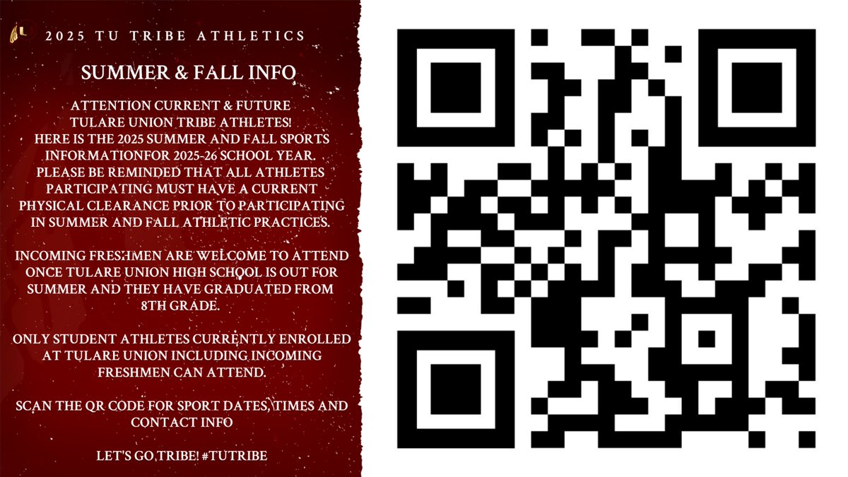TU Tribe Athletics (@tutribeathletic) on Twitter photo 2025 TU Tribe Athletics Summer Workouts and Fall Tryout Information. Tribe Goes All Out! #TUTRIBE <a href="/tribeasb/">tulare union asb</a> 2025 TU Tribe Athletics Summer Workouts and Fall Tryout Information. Tribe Goes All Out! #TUTRIBE <a href="/tribeasb/">tulare union asb</a>