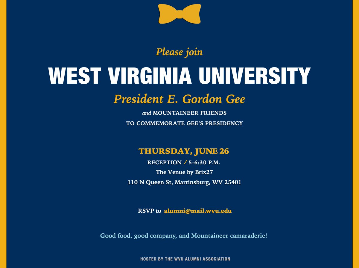 WVUAlumniAssoc's tweet image. Martinsburg-area Mountaineers: Join us at The Venue by Brix27 next Thursday, June 26, for a special reception celebrating President E. Gordon Gee! 💛💙
Secure your spot by emailing alumni@mail.wvu.edu.