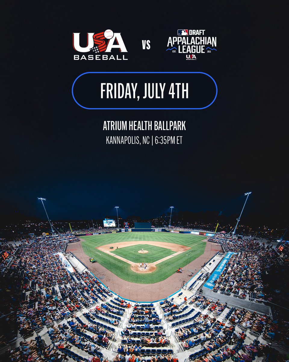 Appalachian League (@appyleague) on Twitter photo Stars, stripes, and a showdown in Kannapolis! ๐บ๐ธ
In 2๏ธโฃ weeks, the #AppyLeague Select Team will face the <a href="/USABaseball/">USA Baseball</a> Collegiate National Team Prospects in a July 4th exhibition at Atrium Health Ballpark. Stars, stripes, and a showdown in Kannapolis! ๐บ๐ธ
In 2๏ธโฃ weeks, the #AppyLeague Select Team will face the <a href="/USABaseball/">USA Baseball</a> Collegiate National Team Prospects in a July 4th exhibition at Atrium Health Ballpark.