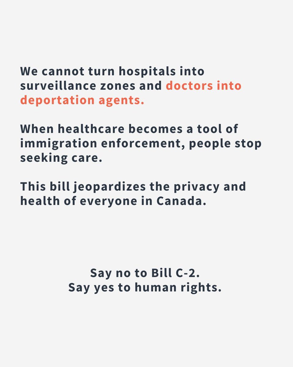 No one should have to choose between seeing a doctor and risking deportation. Today, on #WorldRefugeeDay, we're raising the alarm on #BillC2: a bill that threatens migrant rights, reproductive rights, and the privacy of everyone in Canada.

Demand better: buff.ly/MZ6Ngjk