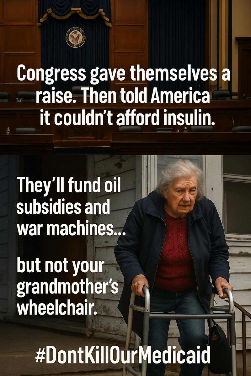 Congress gave themselves a raise.
Then told America it couldn’t afford insulin.

They’ll fund oil subsidies and war machines… but not your grandmother’s wheelchair.

#DontKillOurMedicaid
