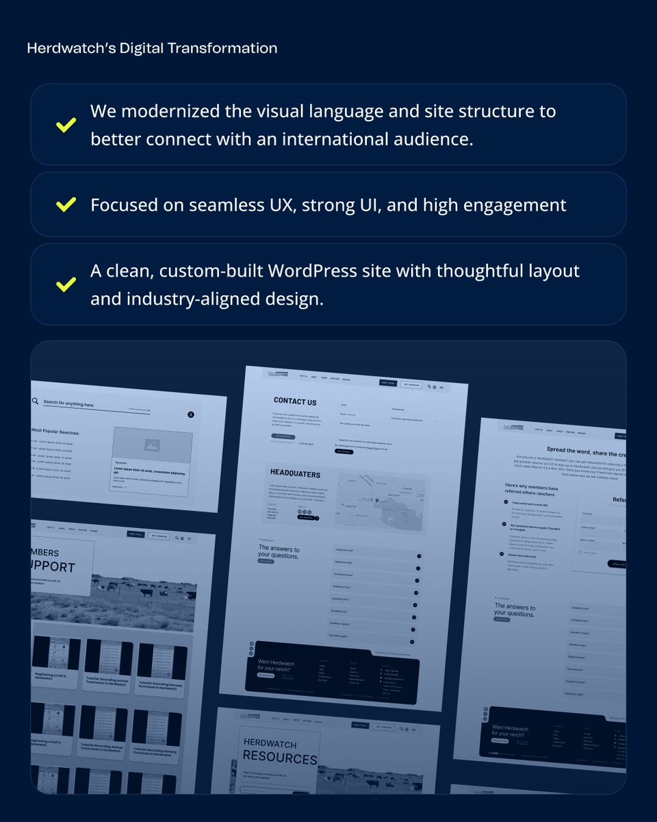 madcraft_co's tweet photo. 🚀 We helped Herdwatch reimagine their digital presence 🌾
✅ Custom WordPress build
✅ Brand-aligned, U.S. market-ready design
✅ Seamless, mobile-first UX
Crafted to reflect innovation in agriculture and technology.
👉 https://t.co/up0MAHrQKv
#AgTech #UXDesign #Madcraft https://t.co/vBXkEFWjZp