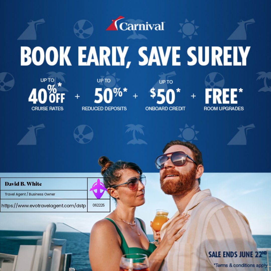 ff5dc3ded94840f's tweet photo. 🎉 Set sail into savings with Carnival Cruise Line’s June Promotion! 🛳️

From now until June 22, 2025, enjoy Early Saver Rates, 50% Reduced Deposits, up to $50 Onboard Credit, and FREE Room Upgrades on sailings through April 2027.

📞 Contact D&amp;S Travel Planning today! https://t.co/SWH9bpx3BW