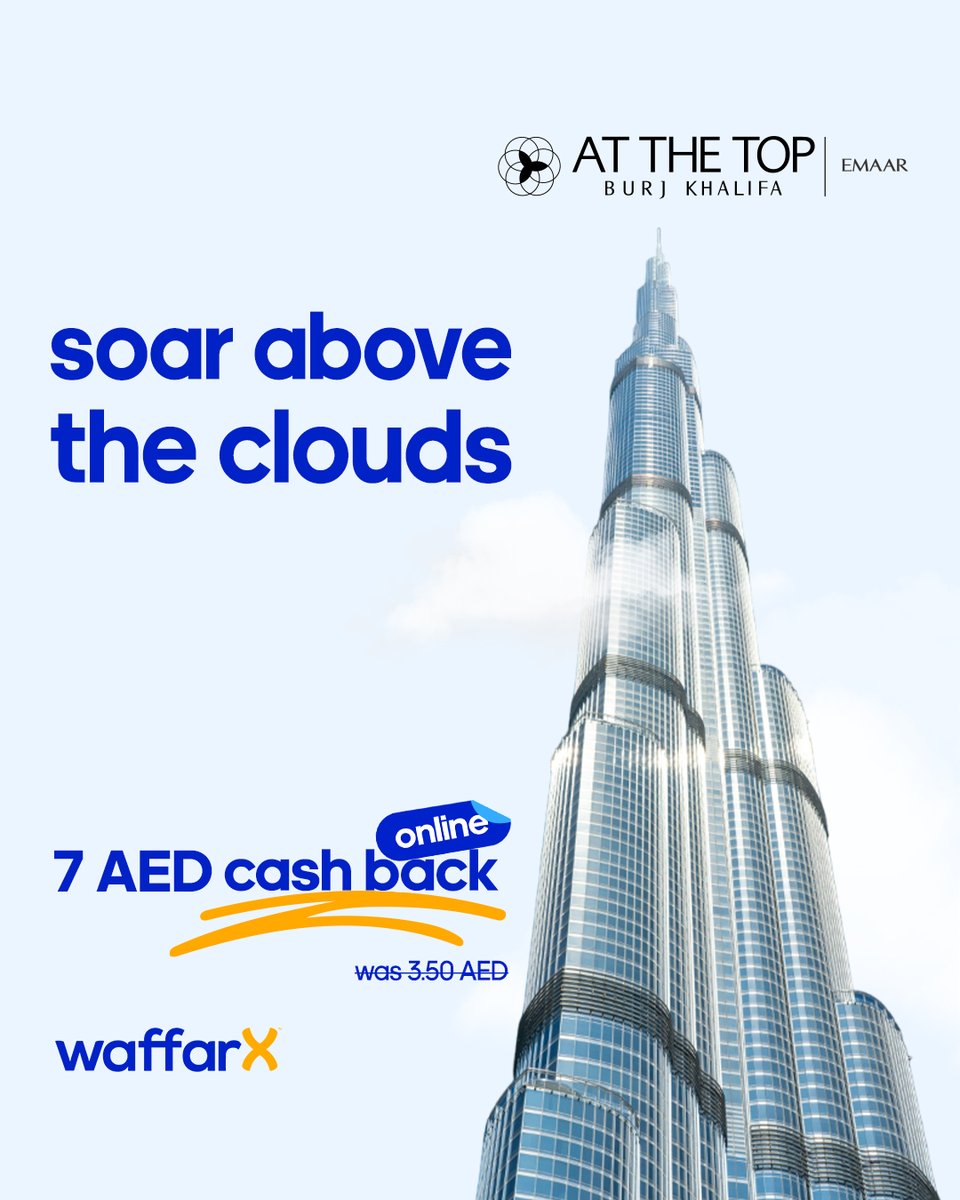 Soar above the clouds ☁️🌇

Experience At the Top Burj Khalifa and enjoy the view from the world’s tallest tower!

🎟 Book now and get 7 AED cashback when you go through WaffarX 💸
The view is unforgettable and so is the saving.

Get you tickets now: waffarx.com/en-ae/at-the-t…