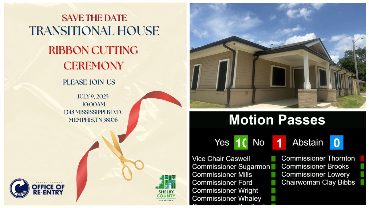 Save the date: Join us in celebrating Shelby County Government's first transitional housing facility, a vital step in offering stability, dignity, and a fresh start for those re-entering society. Thanks to Commission for supporting this effort.