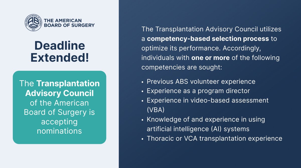 DEADLINE EXTENDED! Are you are #transplant surgeon interested in getting involved with the ABS?

The #TACABS is seeking 1-2 nominees to serve a six-year term beginning Sept. 29. 

Interested surgeons are asked to submit their applications by Jul. 11: ow.ly/VLsj50WbLIb