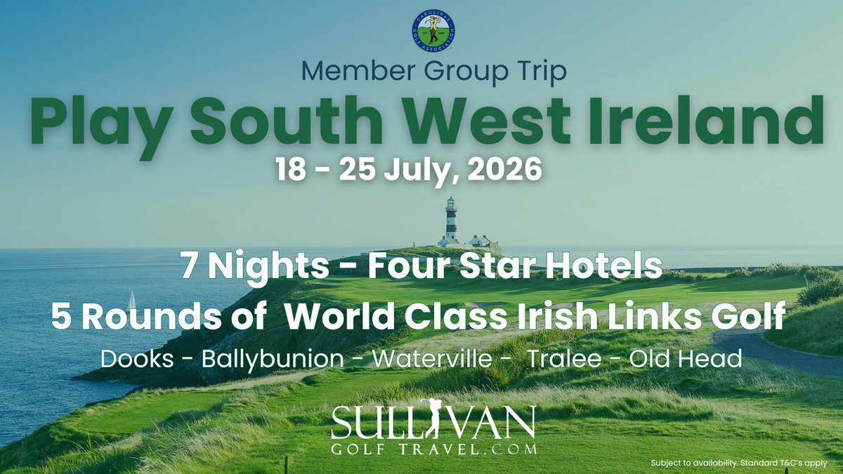 The CGA is heading to South West Ireland! 🇮🇪
Play iconic links like Old Head, Ballybunion &amp; Tralee during our member trip July 18–25, 2026.
7 nights. 5 rounds. 1 unforgettable golf experience.

Details 👉 …-carolinaswireland2026.golfgenius.com/pages/11564098…