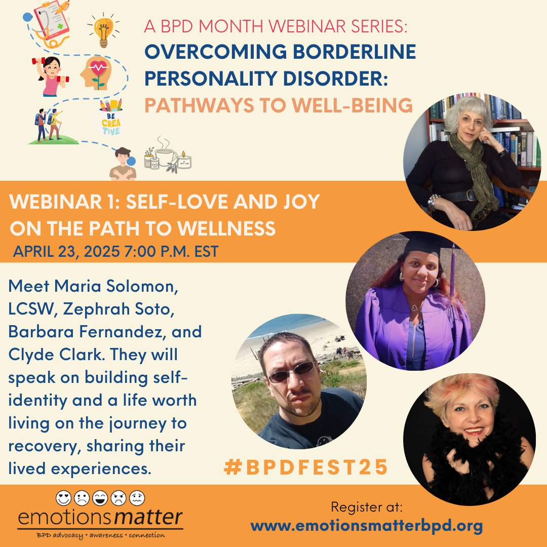 embpd's tweet image. Looking for tips on exploring self-love and joy on the path to BPD recovery? Check out our BPDFest25 Webinar on this topic now on YouTube, featuring an incredible panel of speakers with lived experience and clinicians. youtu.be/3qflybX6heY #BPDFest25 #emotionsmatterbpd