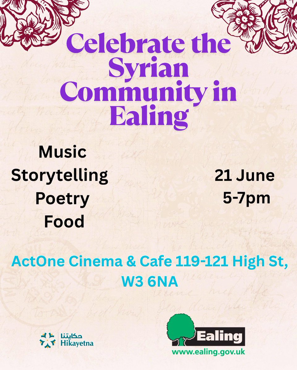 Hikayetna- Our Story (@storiesforhopes) on Twitter photo Join us tomorrow at <a href="/ActOne_Cinema/">ActOne Cinema & Café</a> to celebrate Syrian culture during #RefugeeWeek! Enjoy free all-ages activities, including traditional music, food, storytelling, and poetry. This event is kindly supported by <a href="/EalingCouncil/">Ealing Council</a>. Join us tomorrow at <a href="/ActOne_Cinema/">ActOne Cinema & Café</a> to celebrate Syrian culture during #RefugeeWeek! Enjoy free all-ages activities, including traditional music, food, storytelling, and poetry. This event is kindly supported by <a href="/EalingCouncil/">Ealing Council</a>.