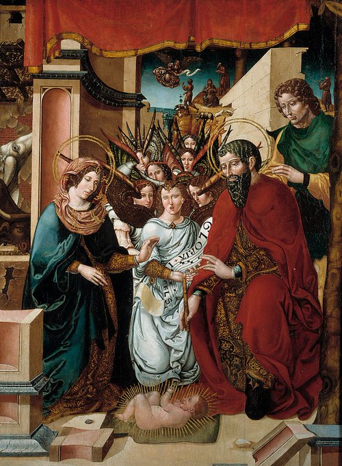 "Naixement de Jesucrist i adoració del Àngels" (1514-1519) del Retaule del Panteó Reial del Monestir de Sixena.
Museu del Prado, Madrid.