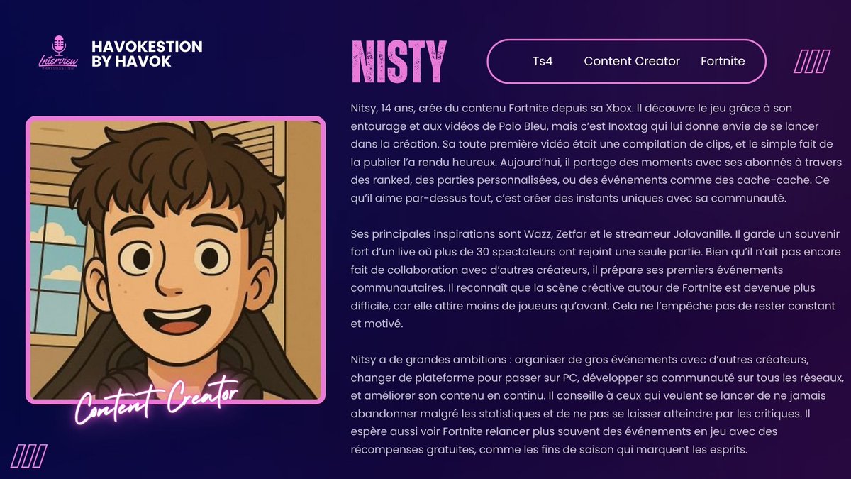 Il a l’énergie et le talent pour aller loin sur Fortnite ! 🔥

Découvrez <a href="/NitsyFnbr/">TS4 Nitsy</a> , Content Creator chez <a href="/Ts4Esport/">TS4 eSport</a> 

#HAVOKESTION 🎙️