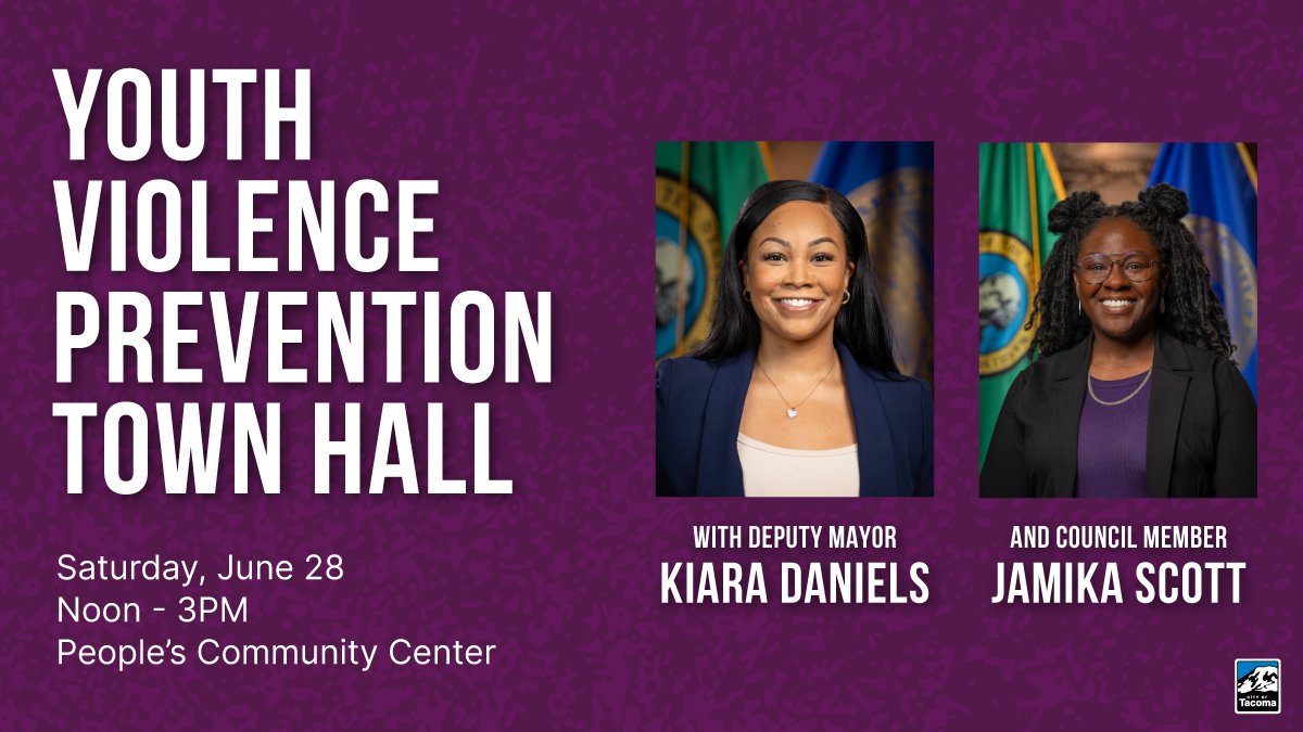 The Youth Violence Prevention Town Hall hosted by Deputy Mayor Kiara Daniels and #TacCouncil Member Jamika Scott is one week away! Join them on Sat., 6/28, from 12 – 3 PM, at People’s Community Center (1602 MLK Jr. Way). All are welcome to attend. No RSVP required. 