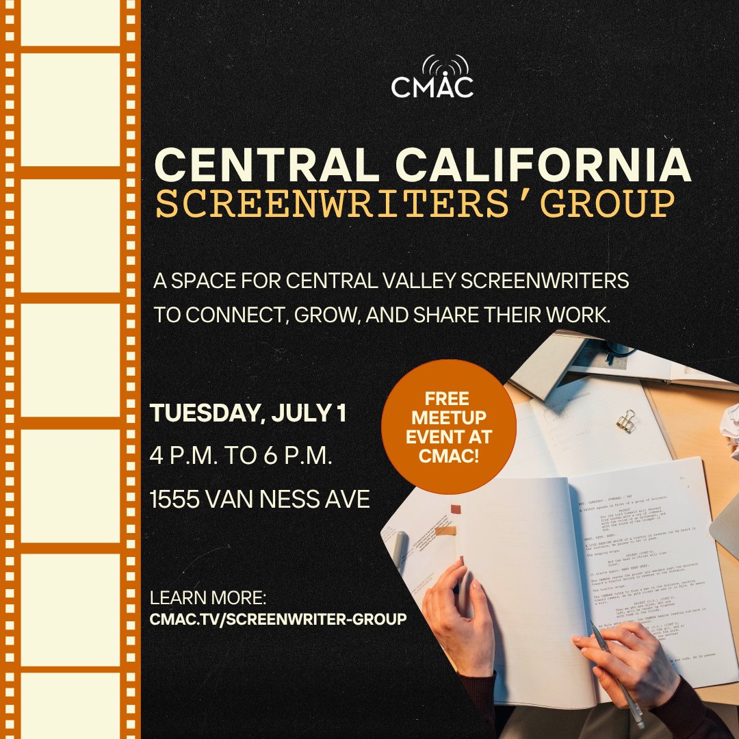 CMACTV's tweet image. Bring your story to life with the Central California #Screenwriters’ Group!
Writers of all backgrounds come to grow, create, and support each other. 🌟 Each session is packed with professional insights and interactive activities.
RSVP Today!
ScreenwriterJuly25.eventbrite.com/?aff=SM