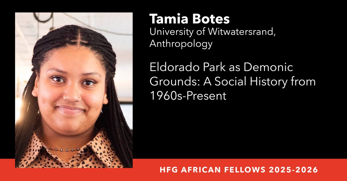 Harry Frank Guggenheim Foundation (@hfguggenheim) on Twitter photo 2025–26 <a href="/HFGuggenheim/">Harry Frank Guggenheim Foundation</a> African Fellow <a href="/tamiabotes/">Aunty Bekkies 🇵🇸🇨🇩🇸🇩</a>, of <a href="/WitsUniversity/">Wits University</a>, examines how apartheid-era violence and #BlackWomensResistance in Eldorado Park shape #genderedViolence today.
Learn more: hfg.org/african-fellow…
#ApartheidLegacy #SouthAfrica #UrbanStudies 2025–26 <a href="/HFGuggenheim/">Harry Frank Guggenheim Foundation</a> African Fellow <a href="/tamiabotes/">Aunty Bekkies 🇵🇸🇨🇩🇸🇩</a>, of <a href="/WitsUniversity/">Wits University</a>, examines how apartheid-era violence and #BlackWomensResistance in Eldorado Park shape #genderedViolence today.
Learn more: hfg.org/african-fellow…
#ApartheidLegacy #SouthAfrica #UrbanStudies