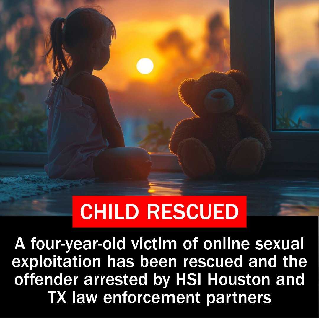HSIHouston's tweet image. Thanks to HSI Houston, @TxDPSoutheast, and @WCSOSheriff agents and officers, a four-year-old victim of online sexual exploitation has been rescued and the offender arrested. Protecting our children is paramount. Report any suspicious activity to local authorities #ChildProtection