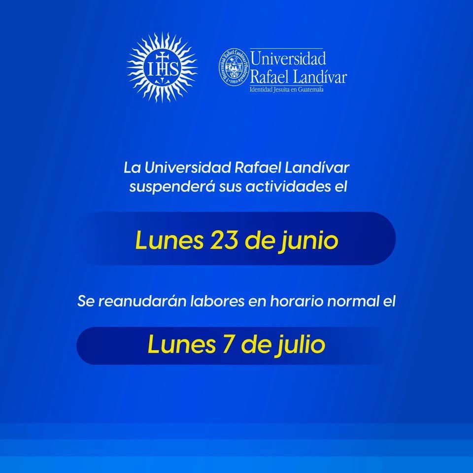 Estimada comunidad landivariana, les informamos que se suspenden actividades a partir del 23 de junio y se reanudarán labores en horario regular a partir del 7 de julio. 🙌

#SoyLandívar