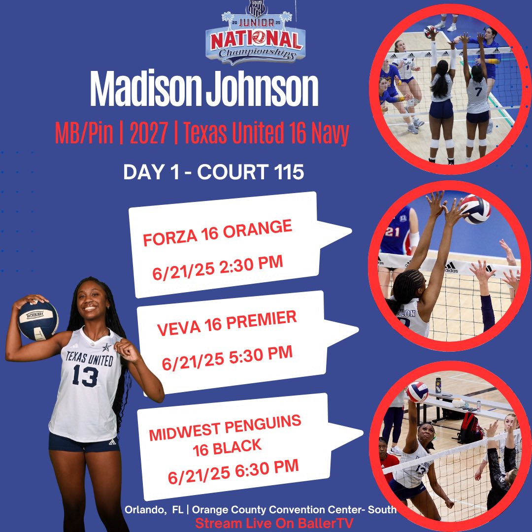 Day 1 locked in 🔒✨ Catch me on Court 115 with Texas United 16 Navy! Let’s work 💪🏾 #JNCHereWeCome #TexasUnited #BallOut #MBPinTakeover #ClassOf2027 #AAUvolleyballnationals