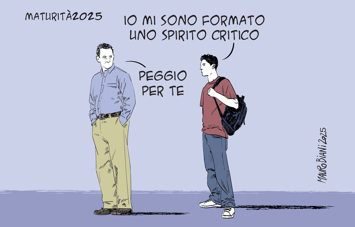 Mauro Biani (@maurobiani) on Twitter photo #MaturitĂ 2025 #scuola #spiritocritico
Ragazze e ragazzi, siate contrapposizione critica al violento, penoso spirito dei tempi.
Oggi per <a href="/repubblica/">Repubblica</a> #MaturitĂ 2025 #scuola #spiritocritico
Ragazze e ragazzi, siate contrapposizione critica al violento, penoso spirito dei tempi.
Oggi per <a href="/repubblica/">Repubblica</a>