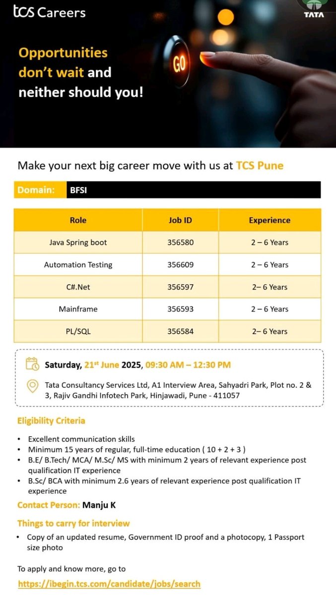 Amar___Gaikwad's tweet photo. 🚨 TCS BFSI Walk-in Drive – 21st June 2025
📍 Chennai | Bangalore | Hyderabad | Pune | Kolkata
💼 Skills: Java, Automation Testing, Mainframe, .NET, PL/SQL
🕤 9:30 AM–1:30 PM | Face-to-Face Interview https://t.co/5xZzM1iCwv