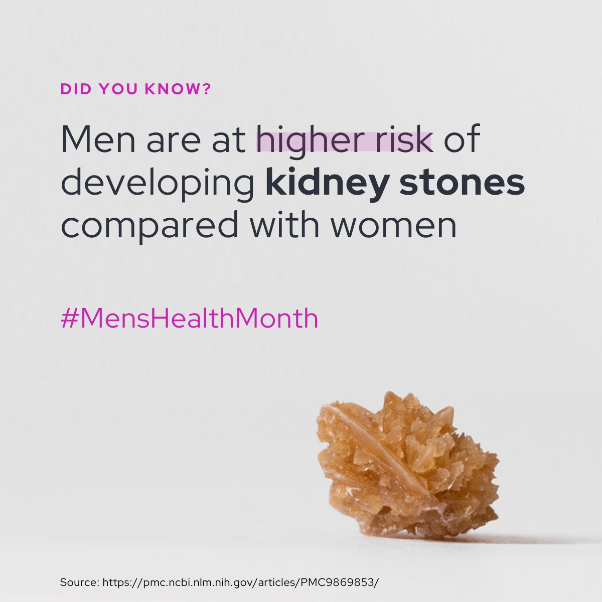 Men are ~2x as likely to get kidney stones as women.

This Men’s Health Month, we’re spotlighting the need for awareness, prevention, and better treatment options. Don’t ignore the signs.

#MensHealthMonth #KidneyStones #MenHealth #Urology