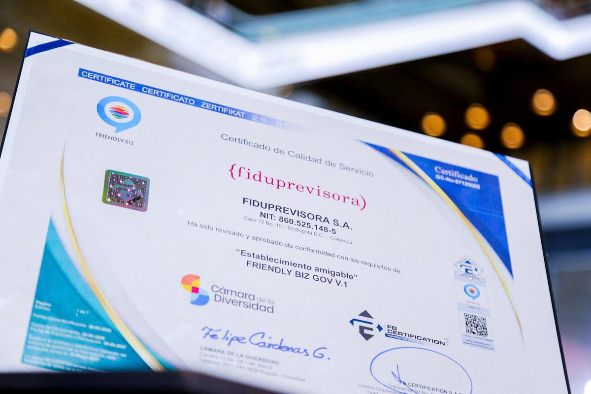 En cabeza de nuestra presidenta, Magda Giraldo Parra, en FIDUPREVISORA recibimos con orgullo la certificación Friendly Biz Gov, otorgada por la Cámara de la Diversidad.

Somos la primera fiduciaria público-privada del país en ser reconocida como un establecimiento amigable con la