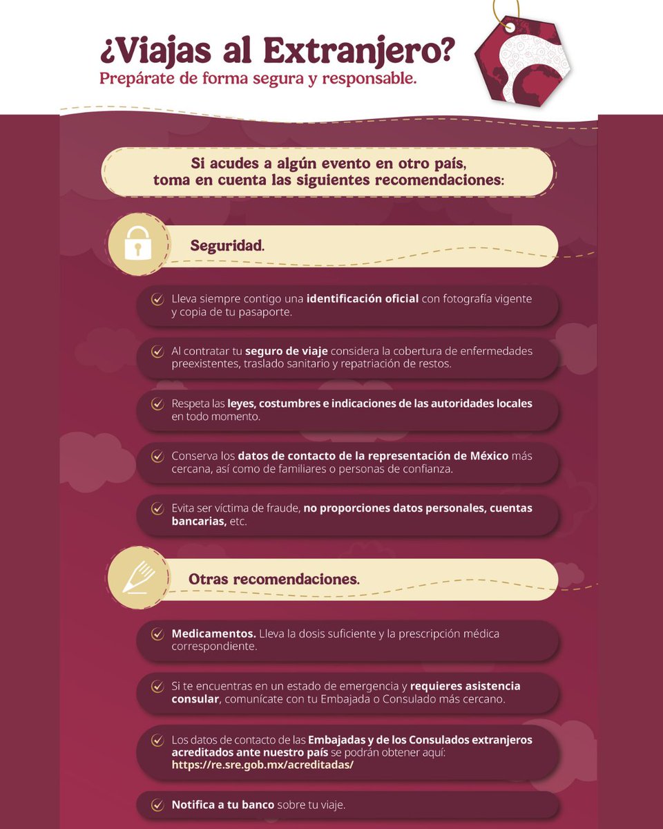📣 Si sales de vacaciones fuera del territorio 🇲🇽, toma en cuenta las siguientes recomendaciones. 👇
🔗gob.mx/guiadeviaje